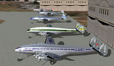 Lots of Connies on the ramp in various paint schemes displayed in FSX after installing this mod.