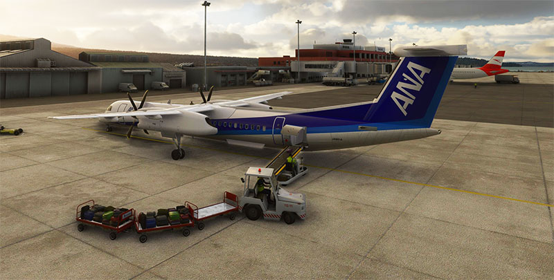 The Dash 8 Q400 on ramp in Microsoft Flight Simulator.