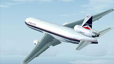 The Delta MD-11 in flight in FSX shown after installing this freeware pack.