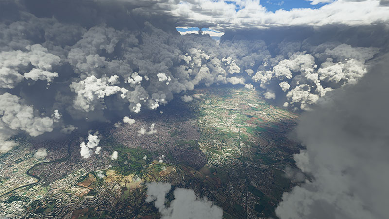 Dense cloud layers and atmospheric effects in Microsoft Flight Simulator.