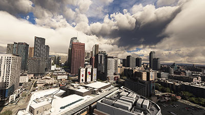 Screenshot showing the buildings in Downtown LA after installing this freeware scenery mod in Microsoft Flight Simulator.