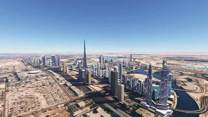 Dubai showing the skyline and skyscrapers with this mod for Microsoft Flight Simulator.