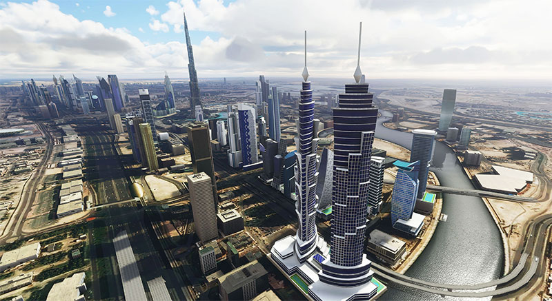 Dubai showing the skyline and skyscrapers with this mod for Microsoft Flight Simulator.