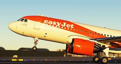 easyJet A320neo taking off in MSFS 2020 release.