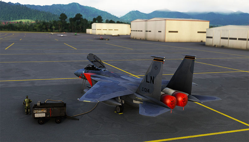 F-15 being refueled on ramp in MSFS 2020.