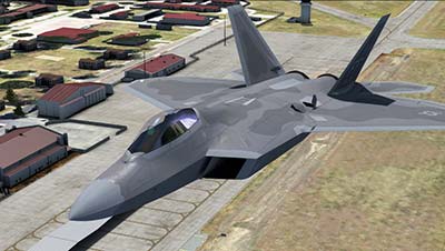 Image shows the F-22 aircraft taking off in Prepar3D after installing this package.