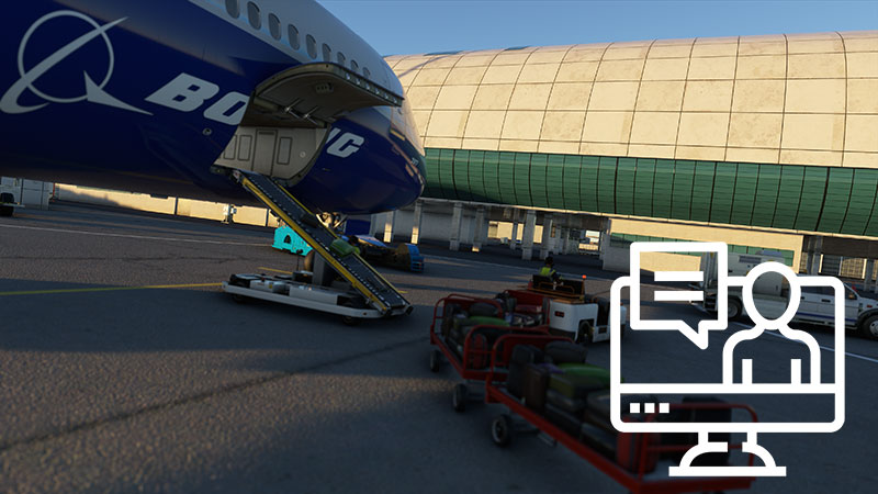 Boeing 787 unloading cargo with an overlay of user feedback icon.