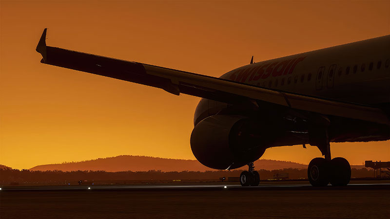 Fenix A320 in Microsoft Flight Simulator shown at sunset.