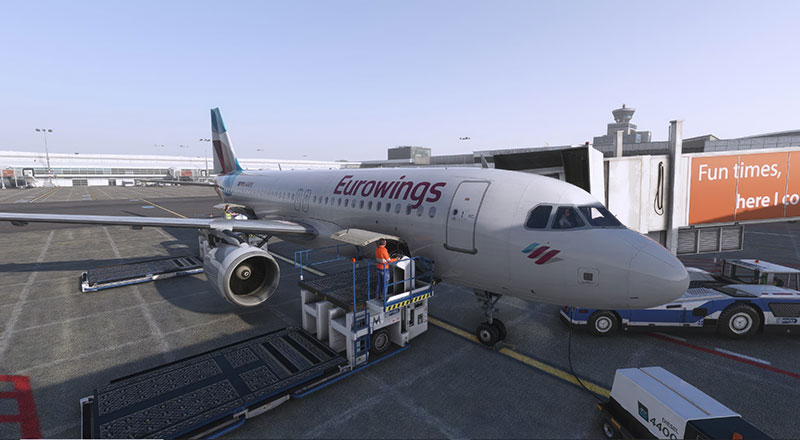 The Fenix A320 in Eurowings livery show at an airport gate in MSFS.