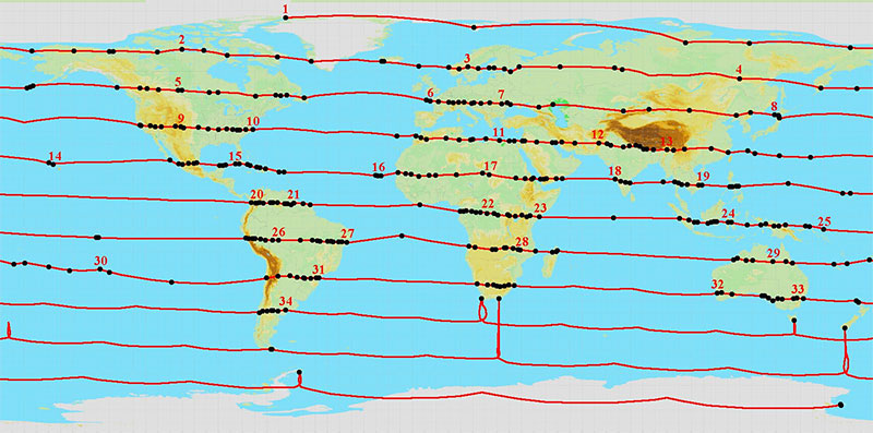 An overview of all of the flights and missions included shown on a world map.