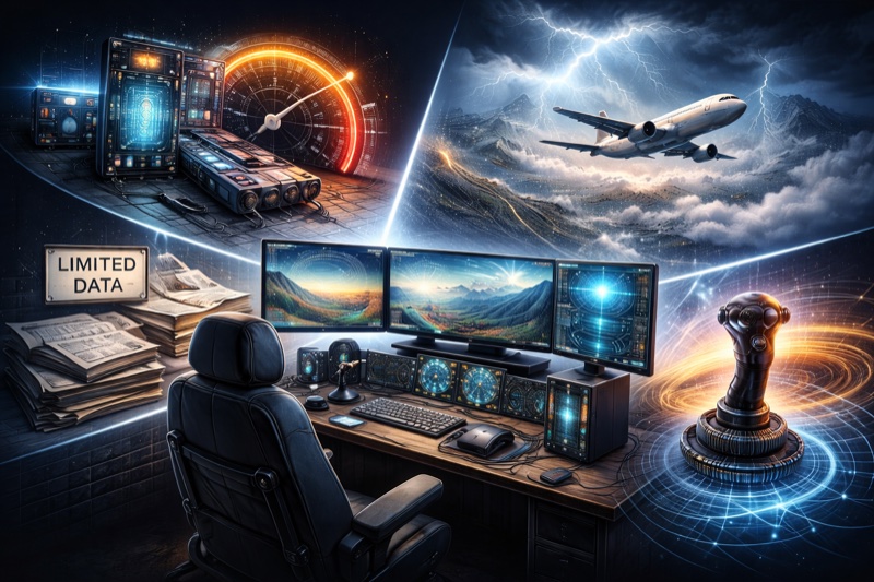 Illustration showing a home flight simulator setup contrasted with real-world aviation forces, highlighting hardware, data, and computational limits of consumer flight simulation.