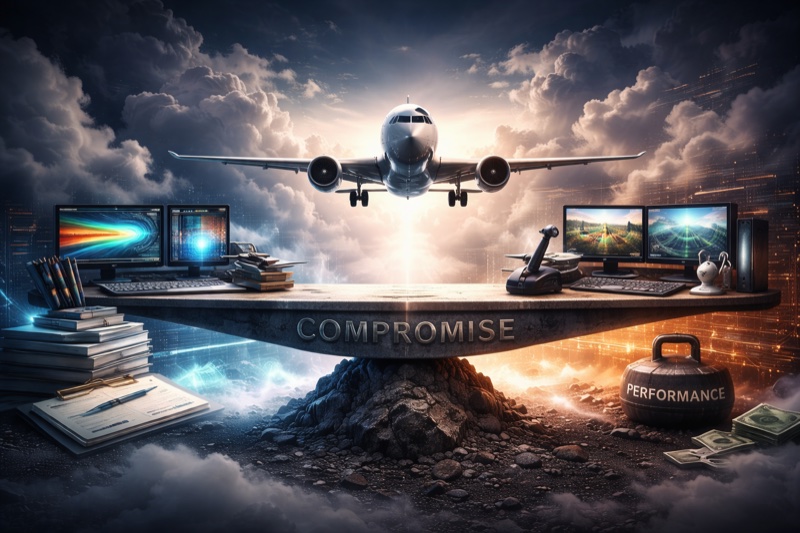 Conceptual illustration of an aircraft balanced between realistic aerodynamic simulation and real-time performance limits, representing the tradeoffs in consumer flight simulator physics.