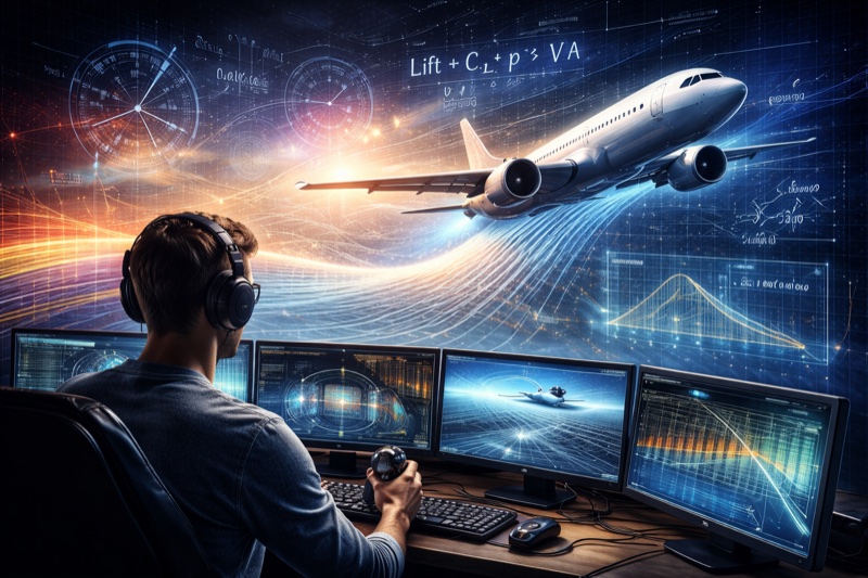 Artistic illustration of a flight simulator pilot at a desk while a jet aircraft flies through abstract aerodynamic lines and data overlays, symbolizing the complexity and perception gap in flight simulation physics.