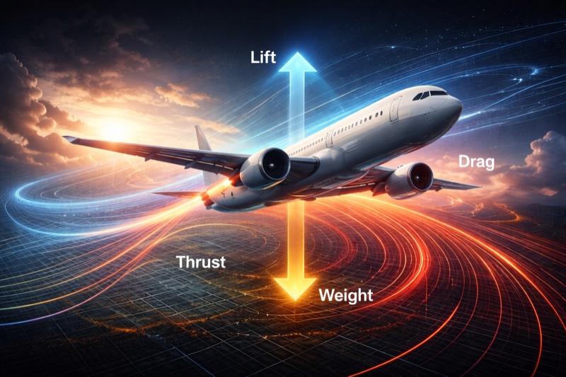 Artistic illustration of an aircraft in flight with visualized airflow and force vectors representing lift, drag, thrust, and weight.
