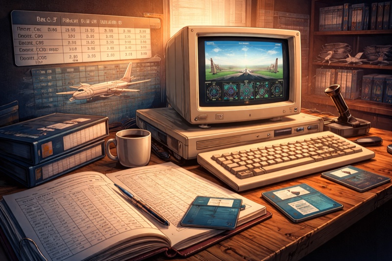 Artistic illustration of an early consumer flight simulator running on a vintage desktop computer, surrounded by aerodynamic tables and aircraft diagrams representing simplified flight physics modeling.