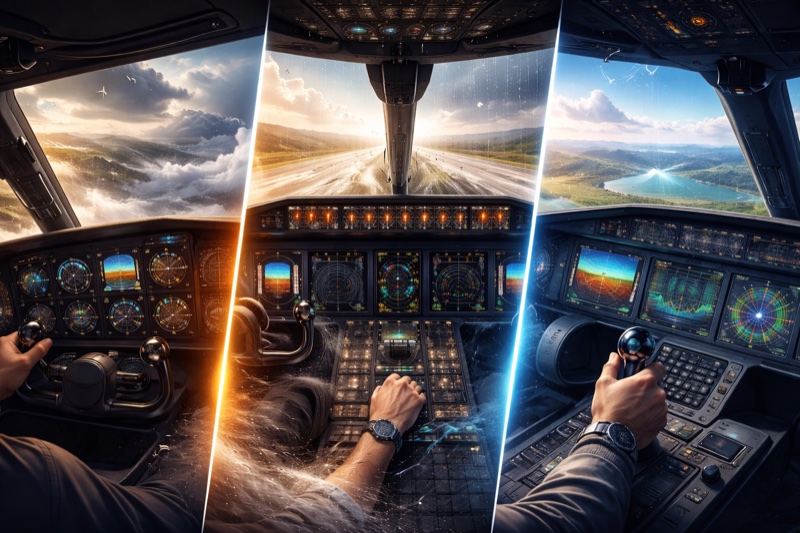 Artistic illustration showing three different flight simulator cockpit perspectives under varying weather and handling conditions, highlighting how control response and visual feedback shape the feeling of flight.