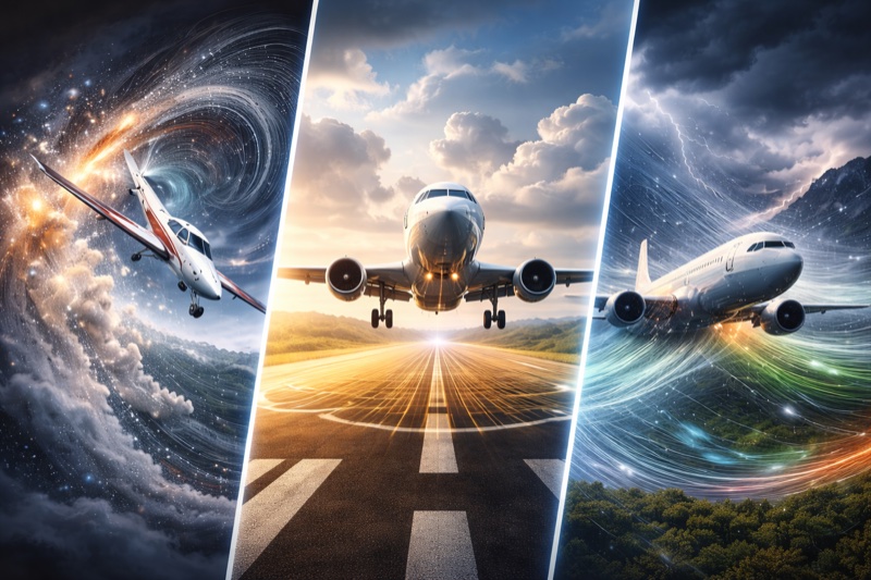Illustration showing flight simulation edge cases, including an aircraft in a spin, ground effect during landing, and turbulence affecting an airliner.