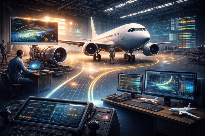 Digital illustration of a flight simulator add-on development environment, showing an aircraft in a hangar surrounded by configuration tools, aerodynamic data displays, and system tuning interfaces.