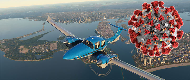 Image showing an aircraft in Microsoft Flight Simulator and a Coronavirus image.