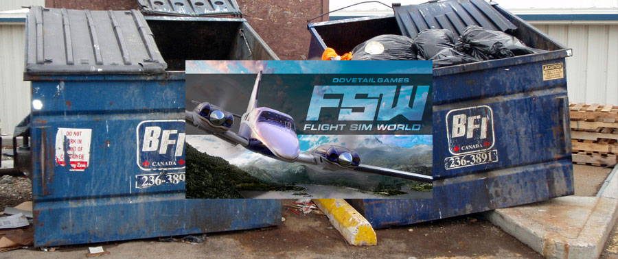 Flight Sim World logo in dumpster.