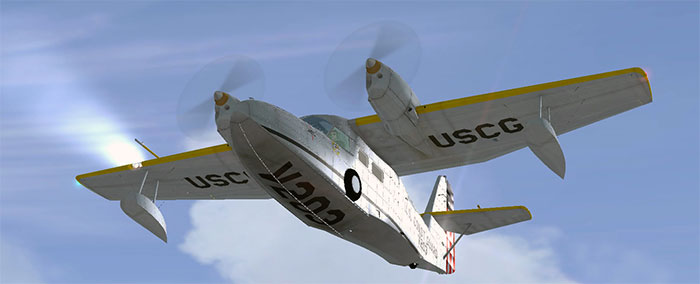 Widgeon in flight showing bottom of floatplane