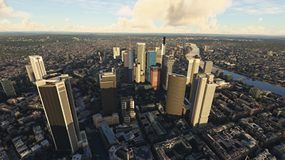 City skyline of Frankfurt City depicted in Microsoft Flight Simulator after installing this freeware scenery package in the sim.