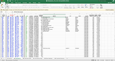 Screenshot shows the Excel sheet where you can edit AI flight plans to/from any airport you wish within FSX.