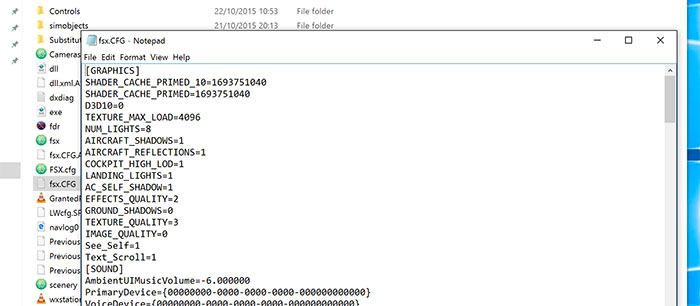 Screenshot of the fsx.cfg file