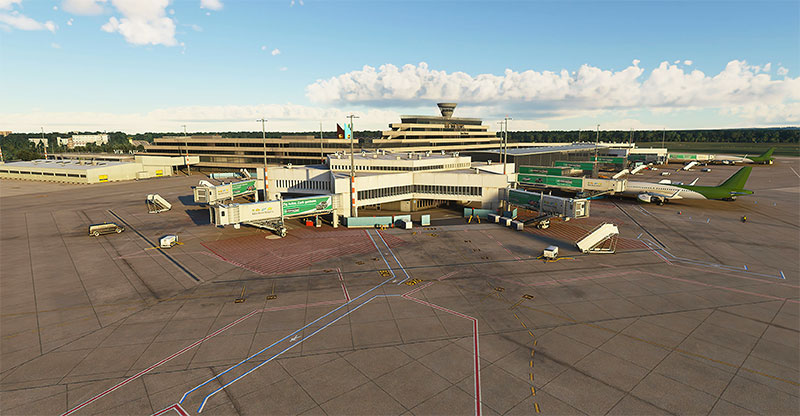 The gates and terminal building at Cologne/Bonn airport displayed in MSFS.