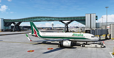 Alitalia aircraft at gate in Gatwick airport in Microsoft Flight Simulator after installing this freeware scenery mod with the famous bridge in the background.