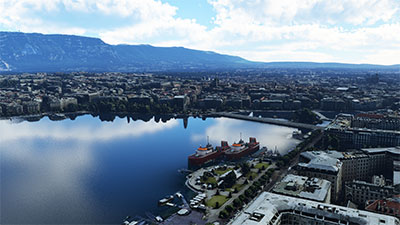 Showing Lake Geneva after installing the scenery add-on in Microsoft Flight Simulator.