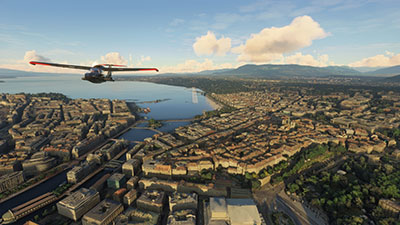 Icon A5 flying over Geneva city after installing this freeware mod in Microsoft Flight Simulator (MSFS) 2020 release.