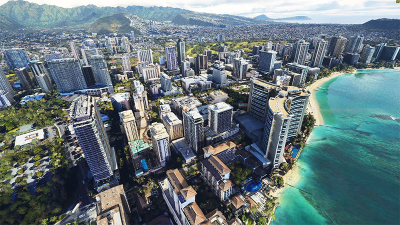 The city of Honolulu after installing this mod in MSFS.