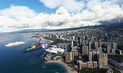 A light Hawaiian aircraft flying over Honolulu, Hawaii after installing this freeware scenery mod in Microsoft Flight Simulator.