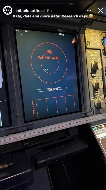 Screenshot from inibuildsofficial social media showing A380 cockpit preview.