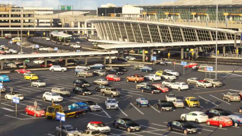 Huge car park at front of terminal.