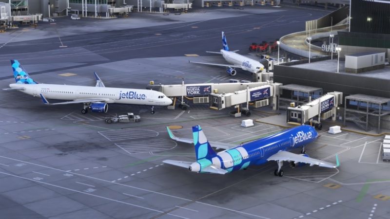 JetBlue aircraft at terminal and ramp with jetways in MSFS.