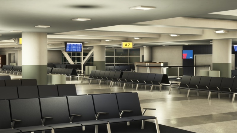 Inside the iniBuilds designed terminal building in MSFS 2024.