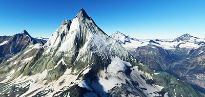 Screenshot showing the new DEM (mesh) scenery in Northern Italy.