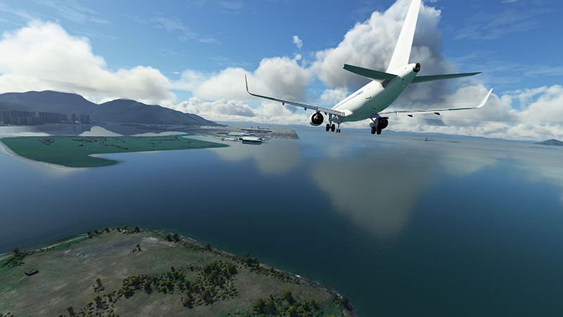 Kai Tak airport approach in Microsoft Flight Simulator.