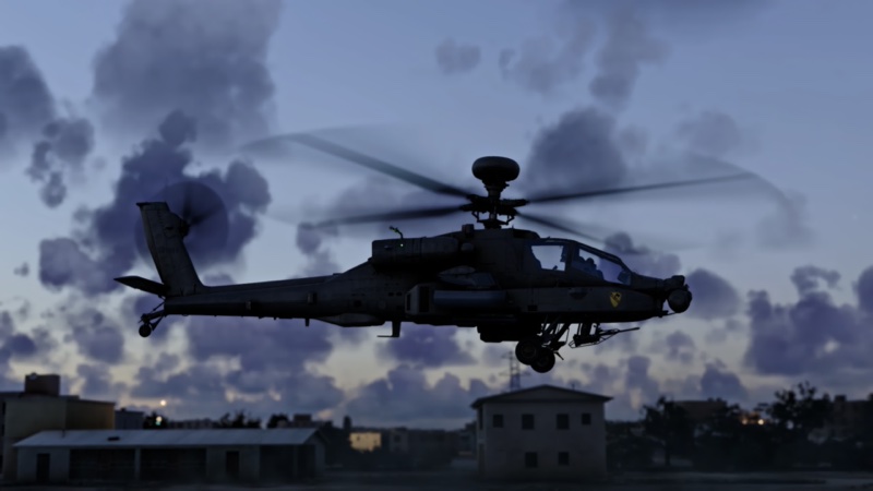 Dusk shot showing the shadowed helicopter.