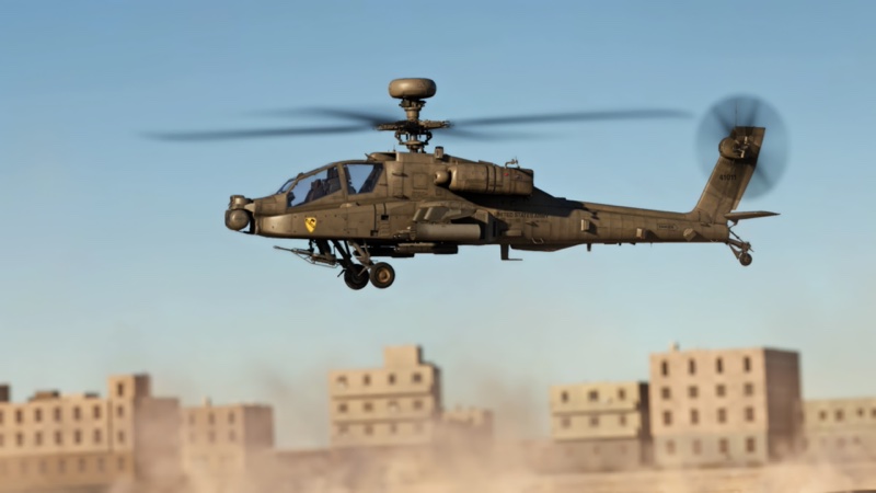 Helicopter in flight in a military scenario within the simulator.