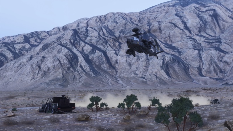 Showing the attack heli near mountains.