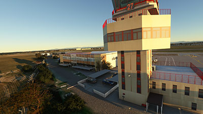 The control tower at LECU depicted in MSFS after installing this freeware scenery mod.