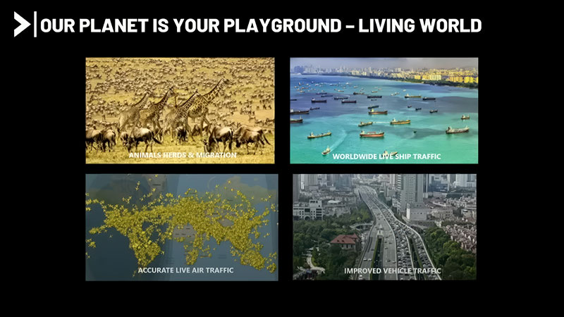 Living world screen displaying animals, ship traffic, air traffic and boat traffic.