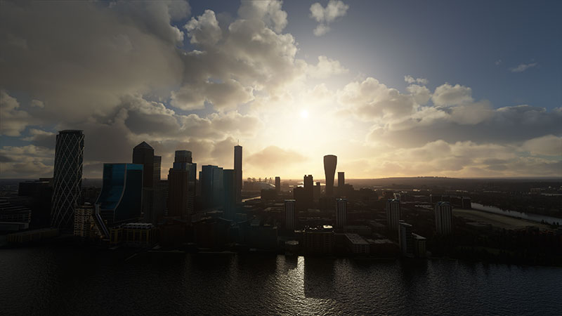 London Cityscape in MSFS with the financial district and o2 dome in background.