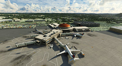 Airport terminal buildings and jetways shown at Lovell Field after installing this mod.