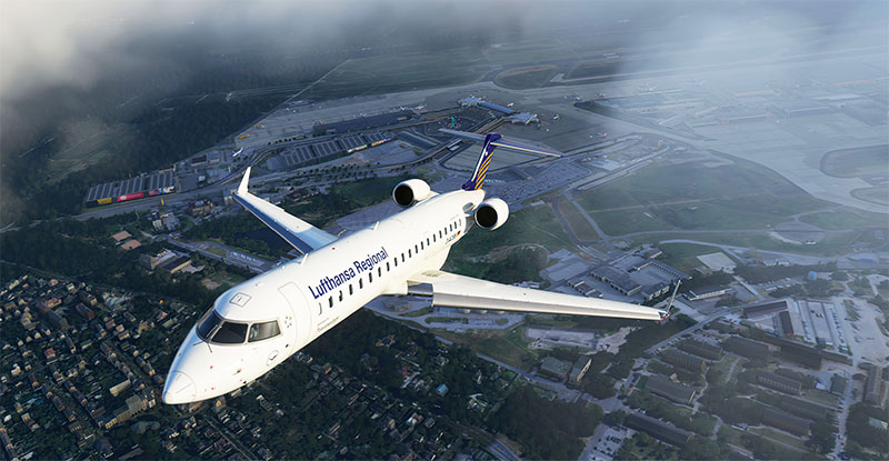 Lufthansa Regional CRJ taking off from a German airport in Microsoft Flight Simulator.