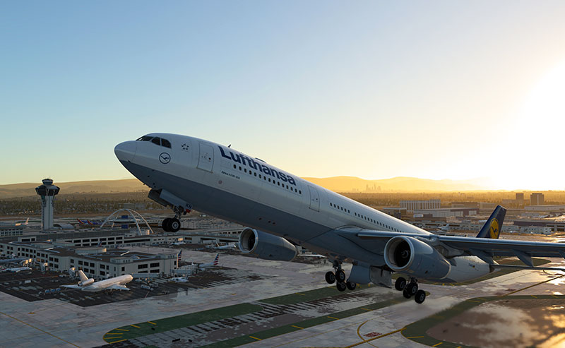 Lufthansa A330 taking off from runway in X-Plane 12.