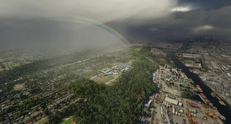 A rainbow seen for the first time in a flight sim.